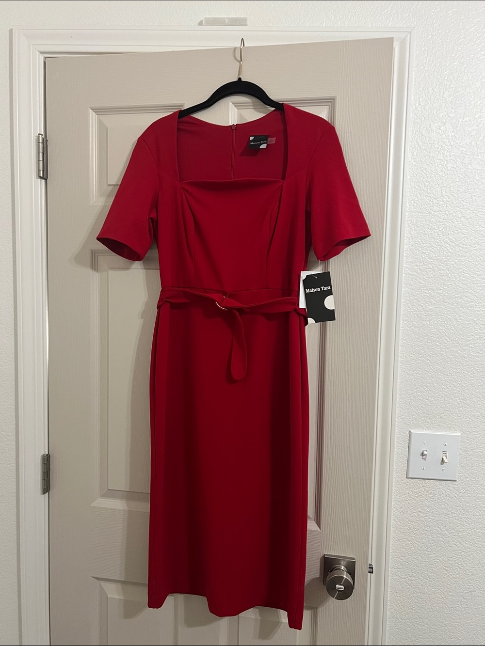 Maison Tara Scarlet Square-Neck Belted Midi Dress